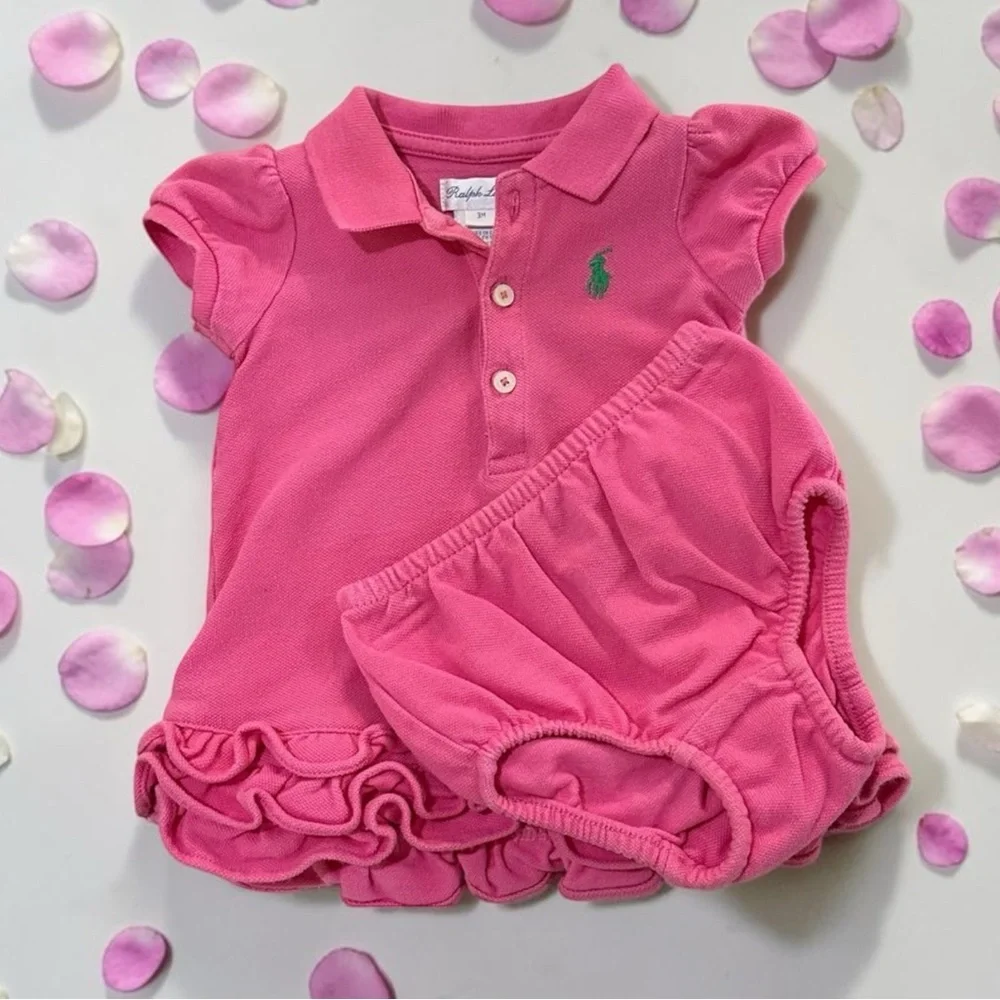 Ralph Lauren Pink Baby Polo Dress with Ruffles and matching Bloomers.